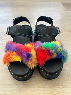 Dr. Martens Voss II Fluffy Faux Fur Strap Sandals Size 6 US